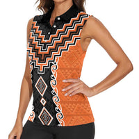 Orange Niho Taniwha Mix Poutama Women Sleeveless Polo Shirt Unique Taniko Aotearoa LT01 - Polynesian Pride