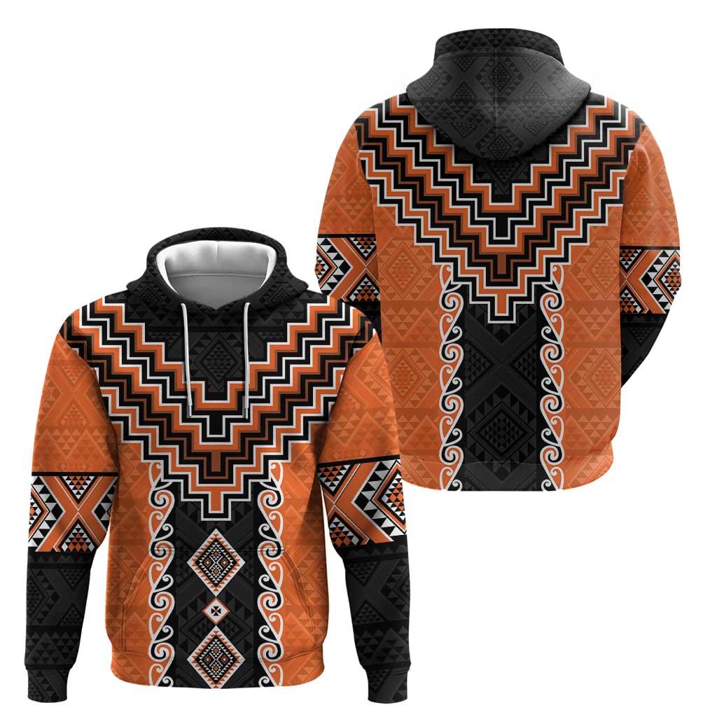 Orange Niho Taniwha Mix Poutama Zip Hoodie Unique Taniko Aotearoa