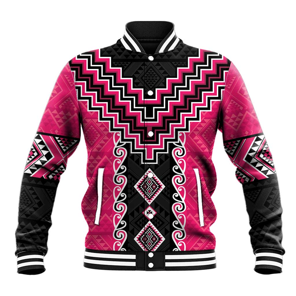 Pink Niho Taniwha Mix Poutama Baseball Jacket Unique Taniko Aotearoa LT01 Unisex Pink - Polynesian Pride
