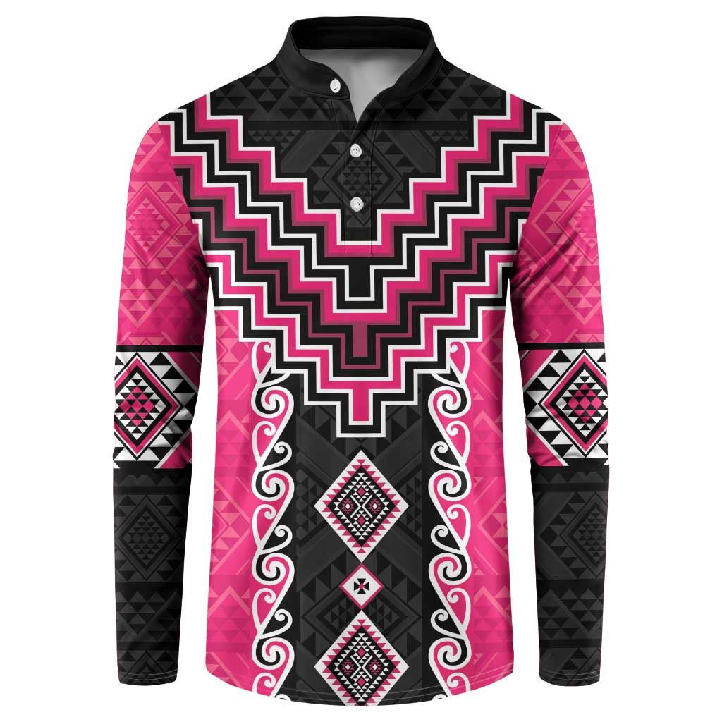 Pink Niho Taniwha Mix Poutama Button Sweatshirt Unique Taniko Aotearoa