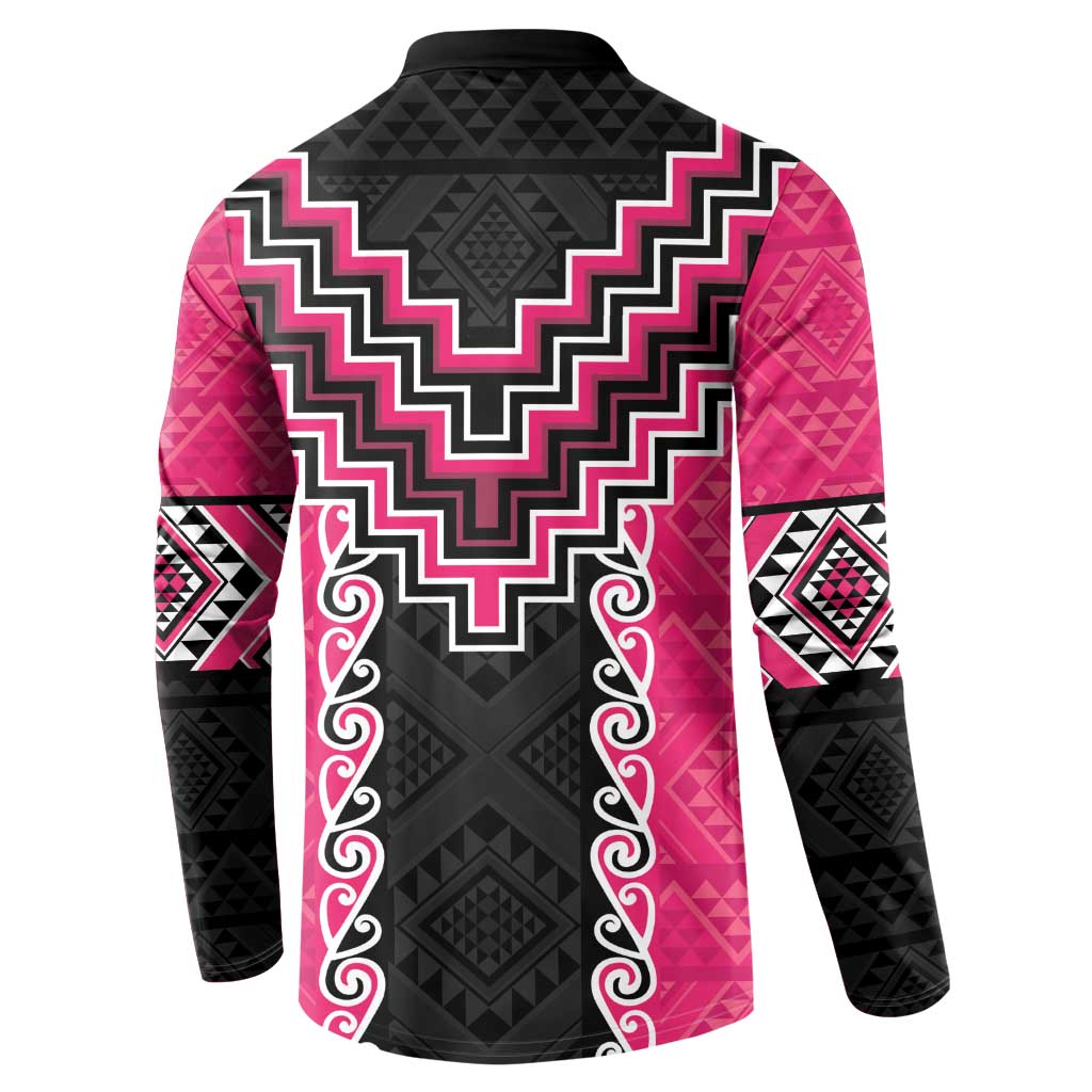 Pink Niho Taniwha Mix Poutama Button Sweatshirt Unique Taniko Aotearoa