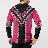 Pink Niho Taniwha Mix Poutama Button Sweatshirt Unique Taniko Aotearoa