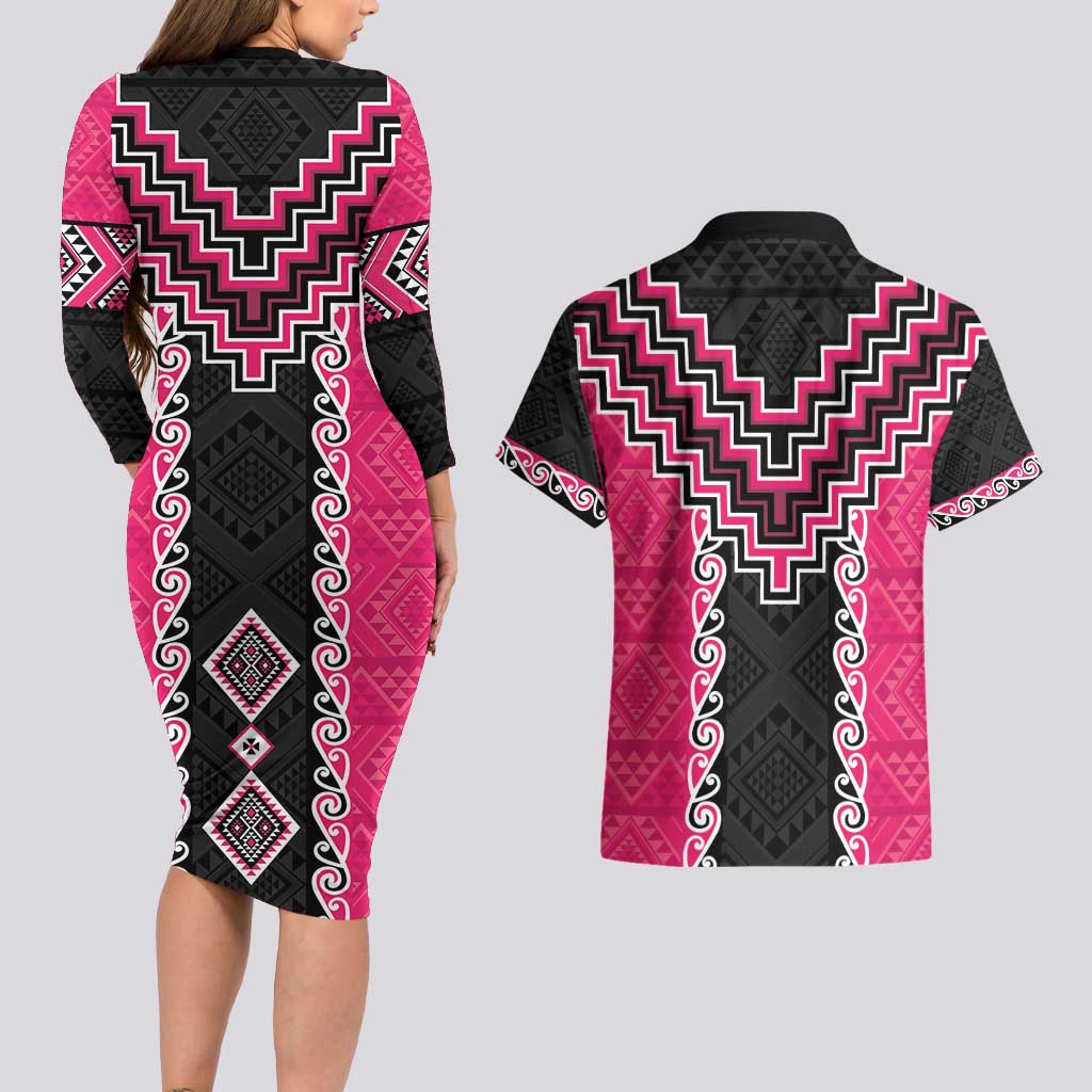 Pink Niho Taniwha Mix Poutama Couples Matching Long Sleeve Bodycon Dress and Hawaiian Shirt Unique Taniko Aotearoa LT01 - Polynesian Pride