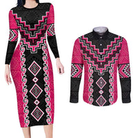 Pink Niho Taniwha Mix Poutama Couples Matching Long Sleeve Bodycon Dress and Long Sleeve Button Shirt Unique Taniko Aotearoa LT01 Pink - Polynesian Pride