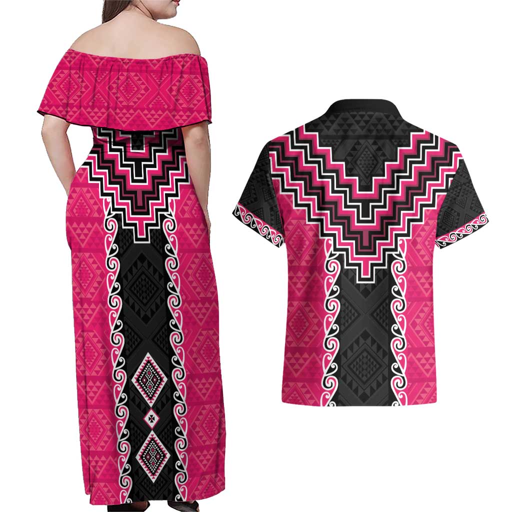 Pink Niho Taniwha Mix Poutama Couples Matching Off Shoulder Maxi Dress and Hawaiian Shirt Unique Taniko Aotearoa LT01 - Polynesian Pride