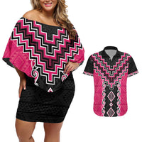 Pink Niho Taniwha Mix Poutama Couples Matching Off Shoulder Short Dress and Hawaiian Shirt Unique Taniko Aotearoa LT01 Pink - Polynesian Pride