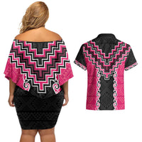 Pink Niho Taniwha Mix Poutama Couples Matching Off Shoulder Short Dress and Hawaiian Shirt Unique Taniko Aotearoa LT01 - Polynesian Pride