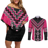 Pink Niho Taniwha Mix Poutama Couples Matching Off Shoulder Short Dress and Long Sleeve Button Shirt Unique Taniko Aotearoa LT01 Pink - Polynesian Pride
