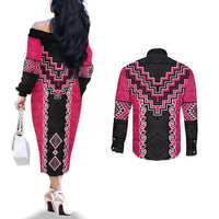 Pink Niho Taniwha Mix Poutama Couples Matching Off The Shoulder Long Sleeve Dress and Long Sleeve Button Shirt Unique Taniko Aotearoa