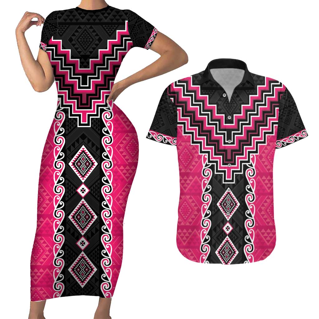 Pink Niho Taniwha Mix Poutama Couples Matching Short Sleeve Bodycon Dress and Hawaiian Shirt Unique Taniko Aotearoa LT01 Pink - Polynesian Pride