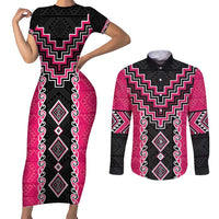 Pink Niho Taniwha Mix Poutama Couples Matching Short Sleeve Bodycon Dress and Long Sleeve Button Shirt Unique Taniko Aotearoa LT01 Pink - Polynesian Pride