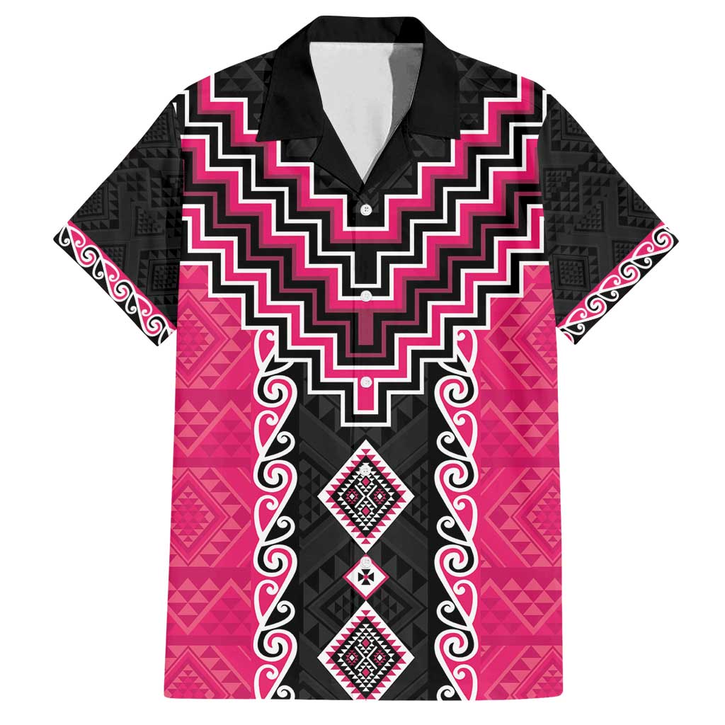 Pink Niho Taniwha Mix Poutama Family Matching Off Shoulder Maxi Dress and Hawaiian Shirt Unique Taniko Aotearoa