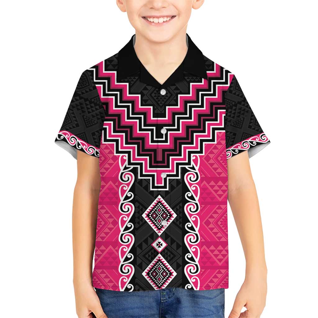 Pink Niho Taniwha Mix Poutama Family Matching Off Shoulder Maxi Dress and Hawaiian Shirt Unique Taniko Aotearoa