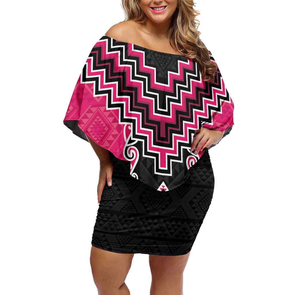 Pink Niho Taniwha Mix Poutama Family Matching Off Shoulder Short Dress and Hawaiian Shirt Unique Taniko Aotearoa