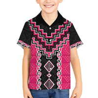 Pink Niho Taniwha Mix Poutama Family Matching Off Shoulder Short Dress and Hawaiian Shirt Unique Taniko Aotearoa