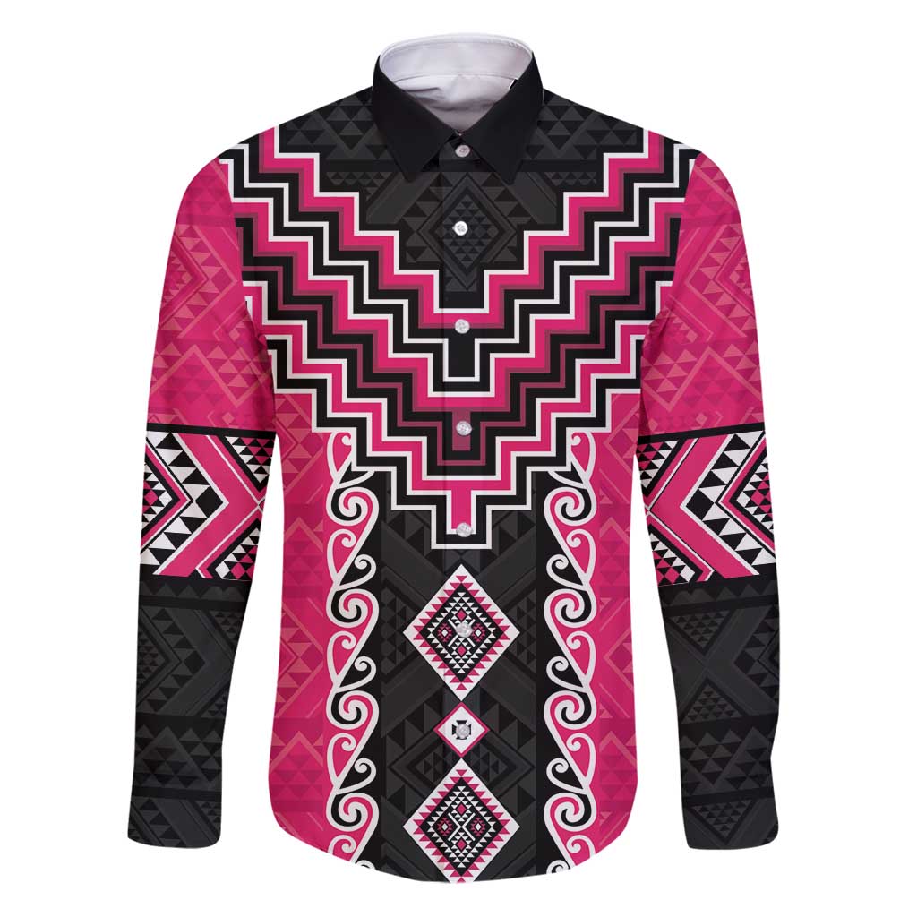 Pink Niho Taniwha Mix Poutama Family Matching Puletasi and Hawaiian Shirt Unique Taniko Aotearoa LT01 Dad's Shirt - Long Sleeve Pink - Polynesian Pride