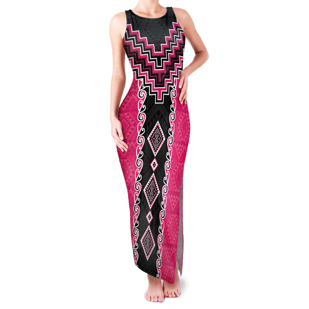 Pink Niho Taniwha Mix Poutama Family Matching Tank Maxi Dress and Hawaiian Shirt Unique Taniko Aotearoa