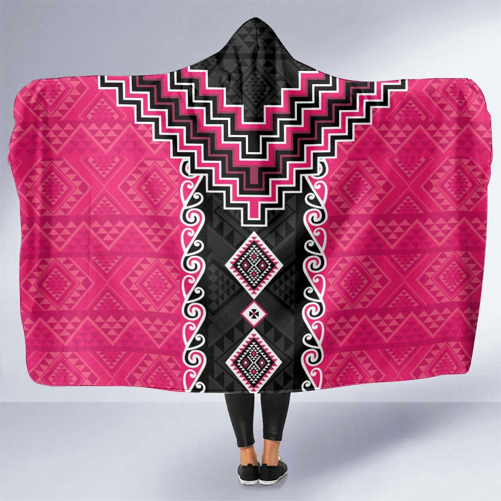Pink Niho Taniwha Mix Poutama Hooded Blanket Unique Taniko Aotearoa