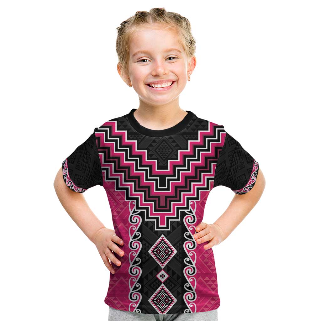 Pink Niho Taniwha Mix Poutama Kid T Shirt Unique Taniko Aotearoa LT01 Pink - Polynesian Pride