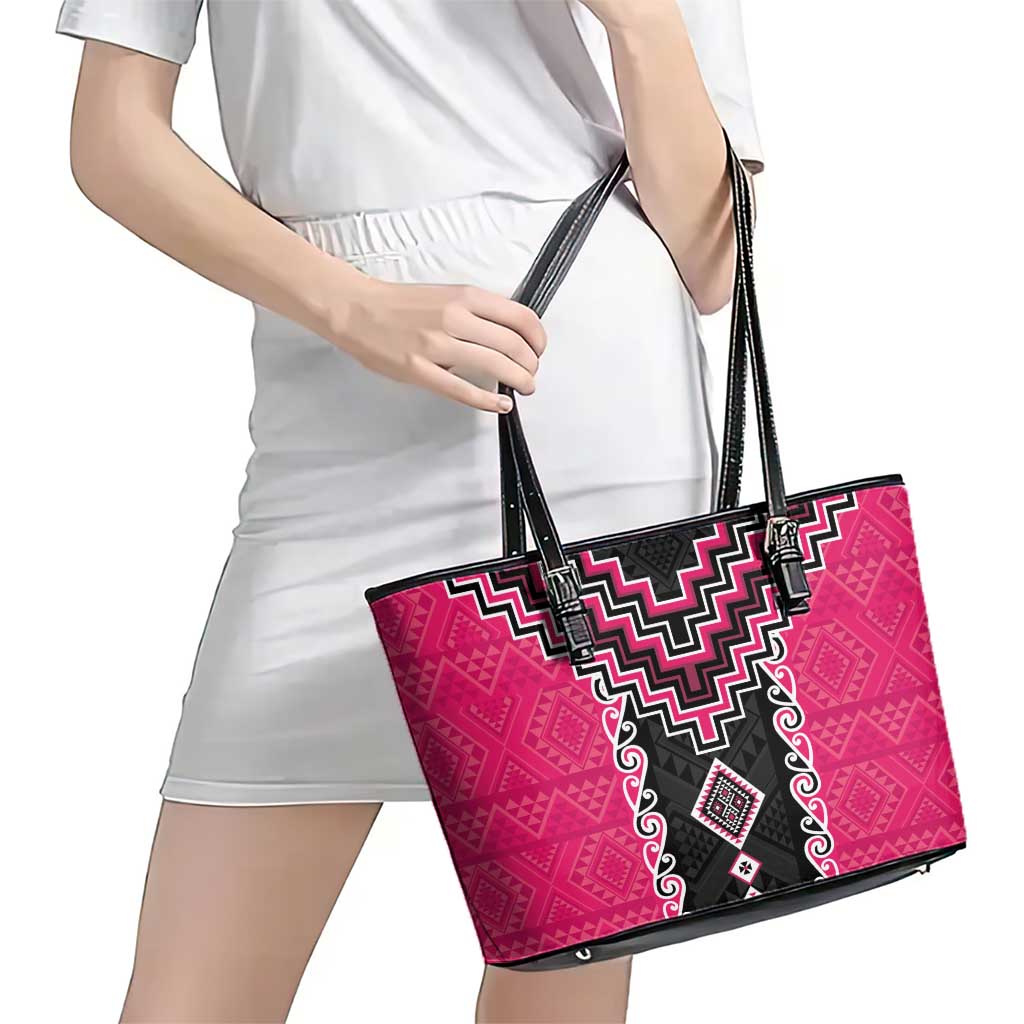 Pink Niho Taniwha Mix Poutama Leather Tote Bag Unique Taniko Aotearoa LT01 - Polynesian Pride