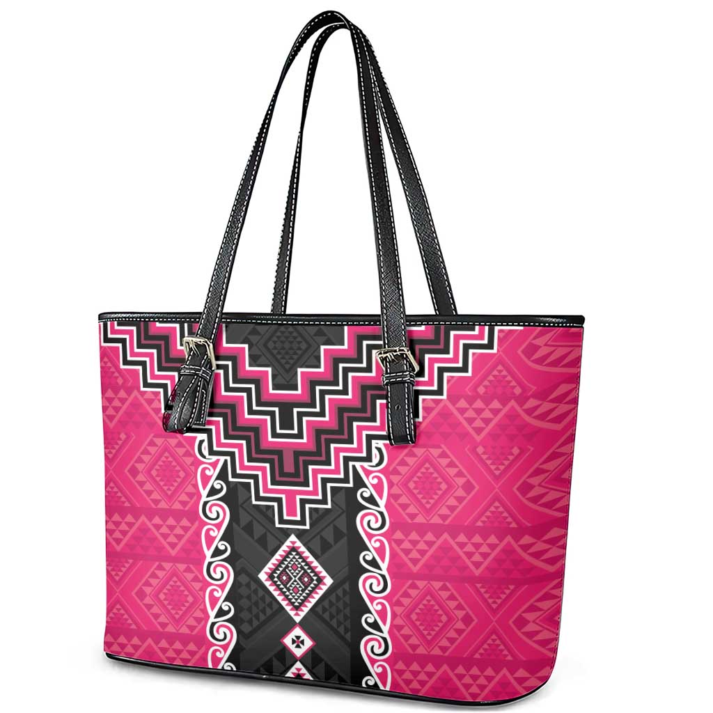 Pink Niho Taniwha Mix Poutama Leather Tote Bag Unique Taniko Aotearoa LT01 - Polynesian Pride