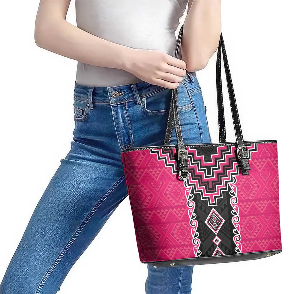 Pink Niho Taniwha Mix Poutama Leather Tote Bag Unique Taniko Aotearoa LT01 - Polynesian Pride
