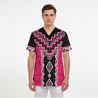 Pink Niho Taniwha Mix Poutama Scrub Top Unique Taniko Aotearoa - Polynesian Pride