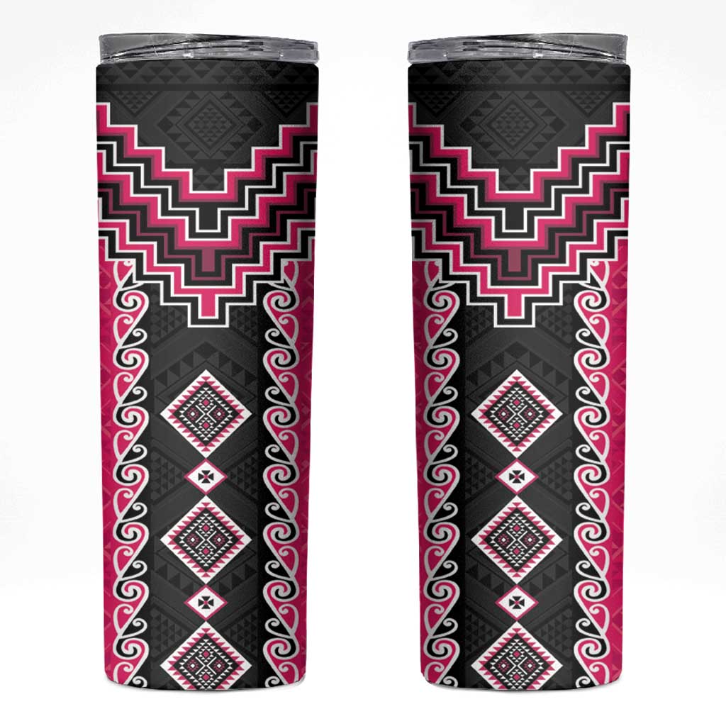 Pink Niho Taniwha Mix Poutama Skinny Tumbler Unique Taniko Aotearoa LT01 Pink - Polynesian Pride