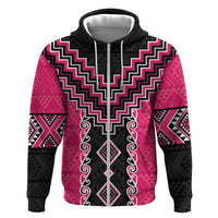 Pink Niho Taniwha Mix Poutama Zip Hoodie Unique Taniko Aotearoa