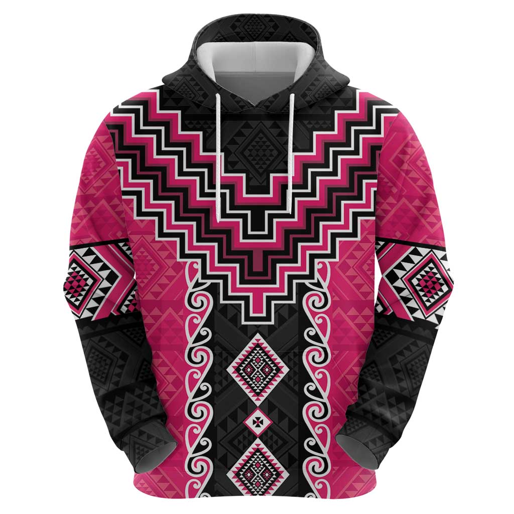 Pink Niho Taniwha Mix Poutama Zip Hoodie Unique Taniko Aotearoa