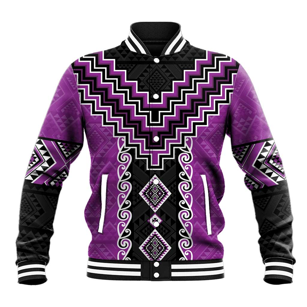 Purple Niho Taniwha Mix Poutama Baseball Jacket Unique Taniko Aotearoa LT01 Unisex Purple - Polynesian Pride
