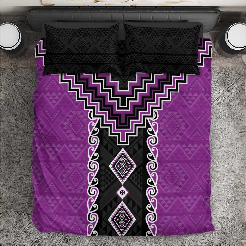Purple Niho Taniwha Mix Poutama Bedding Set Unique Taniko Aotearoa