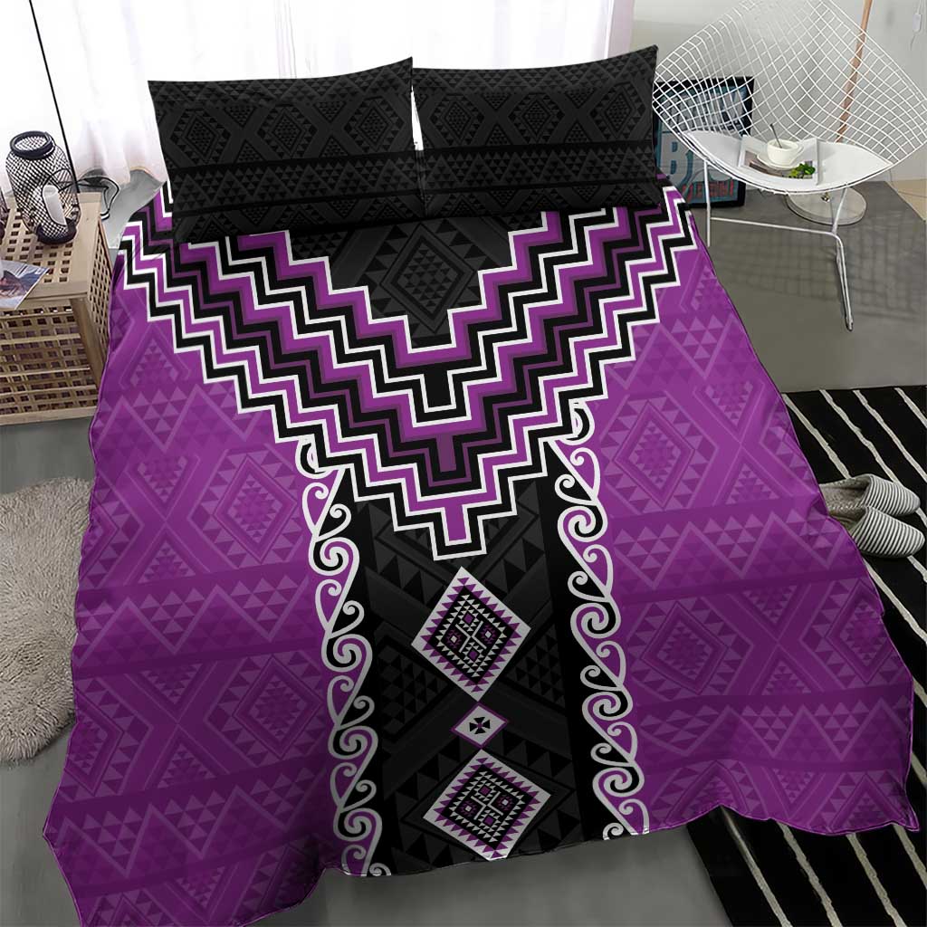 Purple Niho Taniwha Mix Poutama Bedding Set Unique Taniko Aotearoa