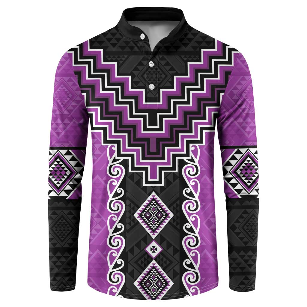 Purple Niho Taniwha Mix Poutama Button Sweatshirt Unique Taniko Aotearoa
