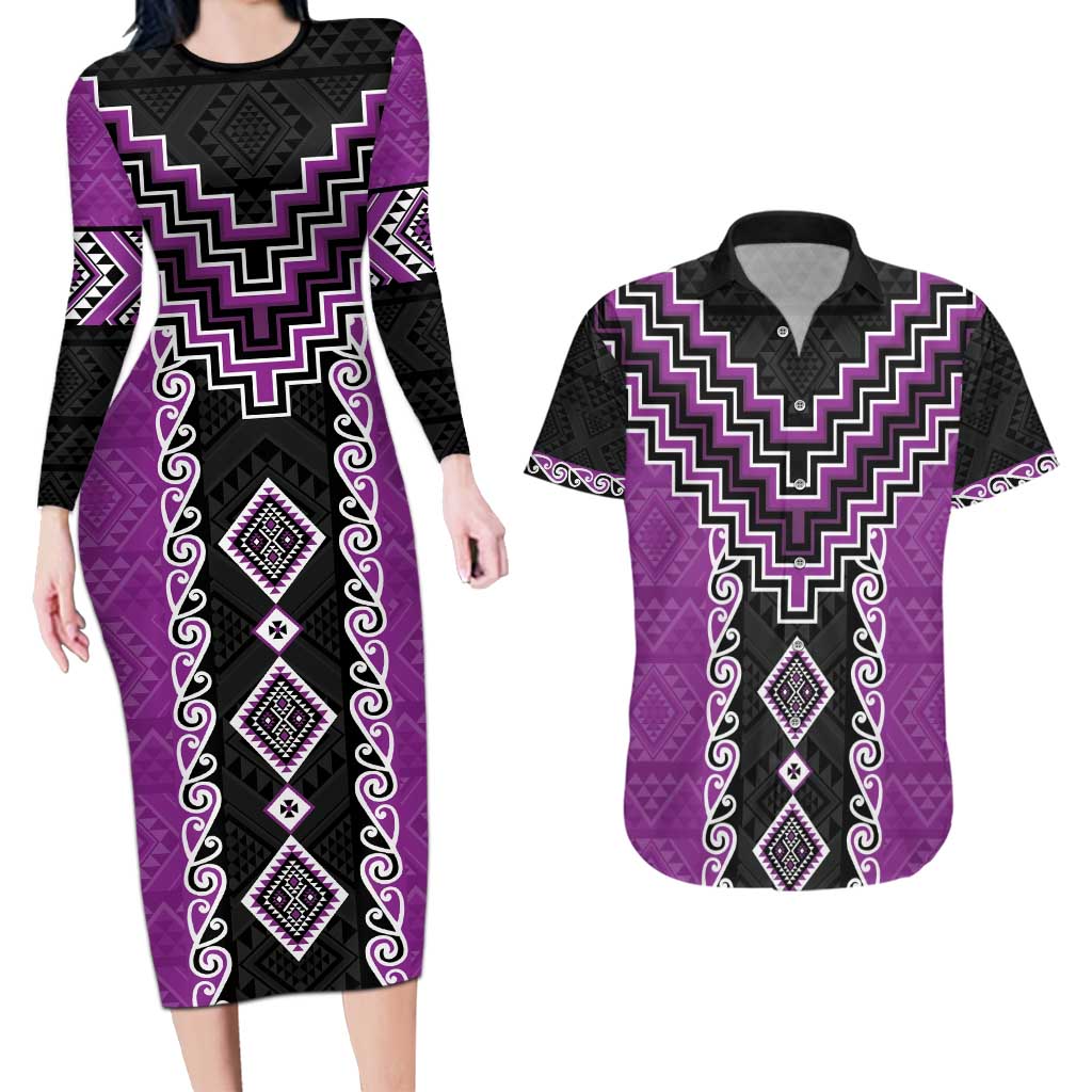 Purple Niho Taniwha Mix Poutama Couples Matching Long Sleeve Bodycon Dress and Hawaiian Shirt Unique Taniko Aotearoa LT01 Purple - Polynesian Pride