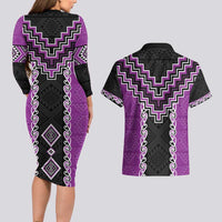 Purple Niho Taniwha Mix Poutama Couples Matching Long Sleeve Bodycon Dress and Hawaiian Shirt Unique Taniko Aotearoa LT01 - Polynesian Pride