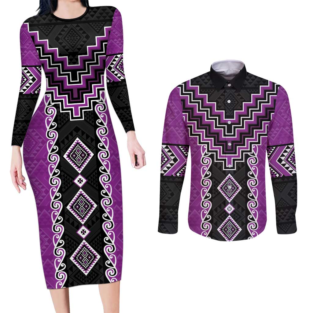 Purple Niho Taniwha Mix Poutama Couples Matching Long Sleeve Bodycon Dress and Long Sleeve Button Shirt Unique Taniko Aotearoa LT01 Purple - Polynesian Pride