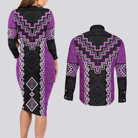 Purple Niho Taniwha Mix Poutama Couples Matching Long Sleeve Bodycon Dress and Long Sleeve Button Shirt Unique Taniko Aotearoa LT01 - Polynesian Pride