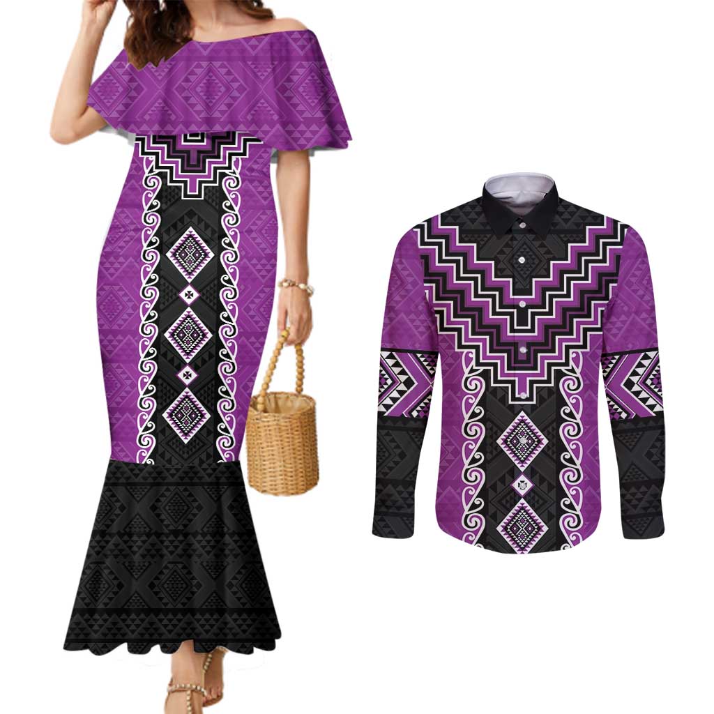 Purple Niho Taniwha Mix Poutama Couples Matching Mermaid Dress and Long Sleeve Button Shirt Unique Taniko Aotearoa LT01 Purple - Polynesian Pride