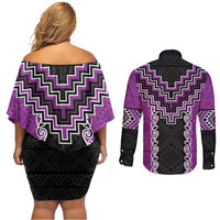Purple Niho Taniwha Mix Poutama Couples Matching Off Shoulder Short Dress and Long Sleeve Button Shirt Unique Taniko Aotearoa LT01 - Polynesian Pride