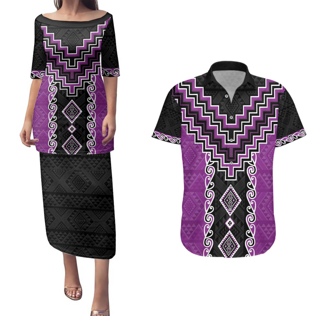 Purple Niho Taniwha Mix Poutama Couples Matching Puletasi and Hawaiian Shirt Unique Taniko Aotearoa LT01 Purple - Polynesian Pride