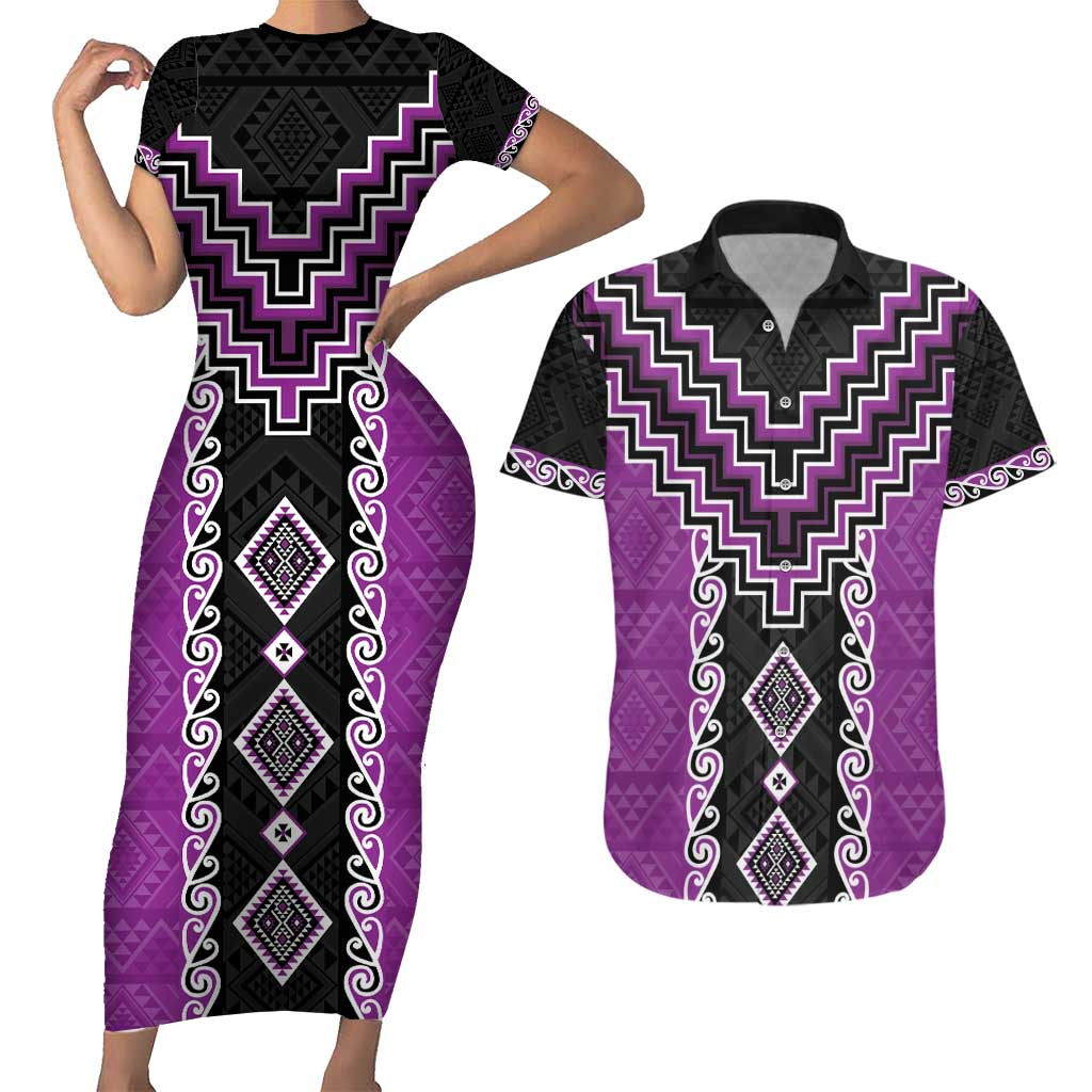 Purple Niho Taniwha Mix Poutama Couples Matching Short Sleeve Bodycon Dress and Hawaiian Shirt Unique Taniko Aotearoa LT01 Purple - Polynesian Pride