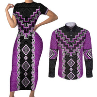 Purple Niho Taniwha Mix Poutama Couples Matching Short Sleeve Bodycon Dress and Long Sleeve Button Shirt Unique Taniko Aotearoa LT01 Purple - Polynesian Pride
