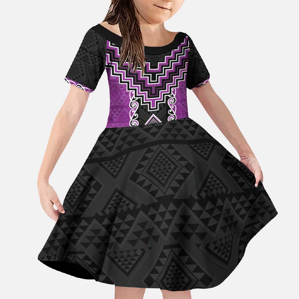 Purple Niho Taniwha Mix Poutama Family Matching Mermaid Dress and Hawaiian Shirt Unique Taniko Aotearoa LT01 Daughter's Dress Purple - Polynesian Pride