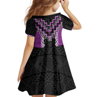 Purple Niho Taniwha Mix Poutama Family Matching Off Shoulder Short Dress and Hawaiian Shirt Unique Taniko Aotearoa