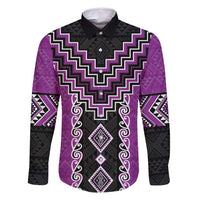 Purple Niho Taniwha Mix Poutama Family Matching Off Shoulder Short Dress and Hawaiian Shirt Unique Taniko Aotearoa