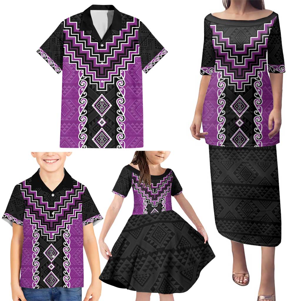 Purple Niho Taniwha Mix Poutama Family Matching Puletasi and Hawaiian Shirt Unique Taniko Aotearoa LT01 - Polynesian Pride