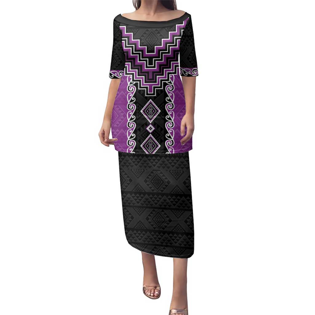 Purple Niho Taniwha Mix Poutama Family Matching Puletasi and Hawaiian Shirt Unique Taniko Aotearoa LT01 Mom's Dress Purple - Polynesian Pride