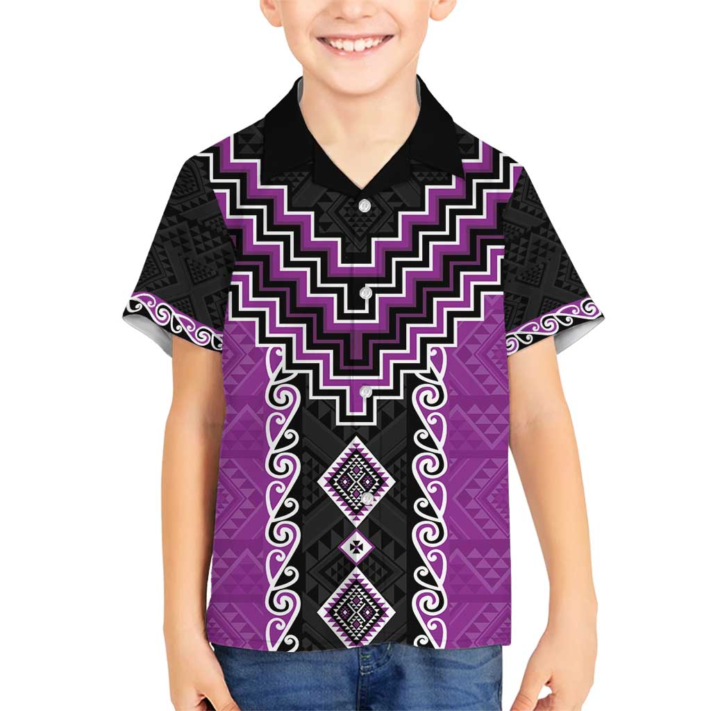 Purple Niho Taniwha Mix Poutama Family Matching Puletasi and Hawaiian Shirt Unique Taniko Aotearoa LT01 Son's Shirt Purple - Polynesian Pride