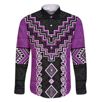 Purple Niho Taniwha Mix Poutama Family Matching Short Sleeve Bodycon Dress and Hawaiian Shirt Unique Taniko Aotearoa LT01 Dad's Shirt - Long Sleeve Purple - Polynesian Pride